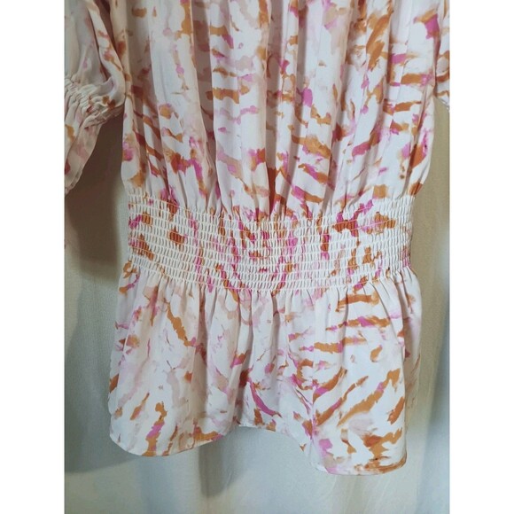 Cabi Size Small 'Drop-Off' Multicolor Terracotta Pink Printed Smocked Blouse Top - Picture 3 of 8